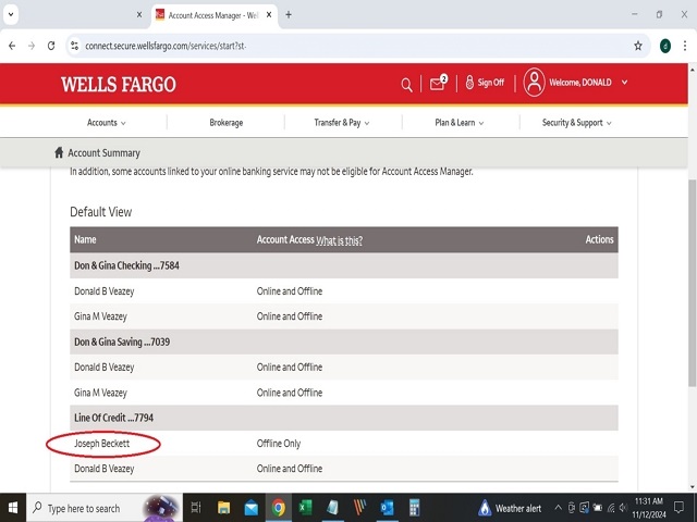 Wells Fargo Account Access Manager showing Joseph Beckett listed with Offline Only access on Line of Credit 7794